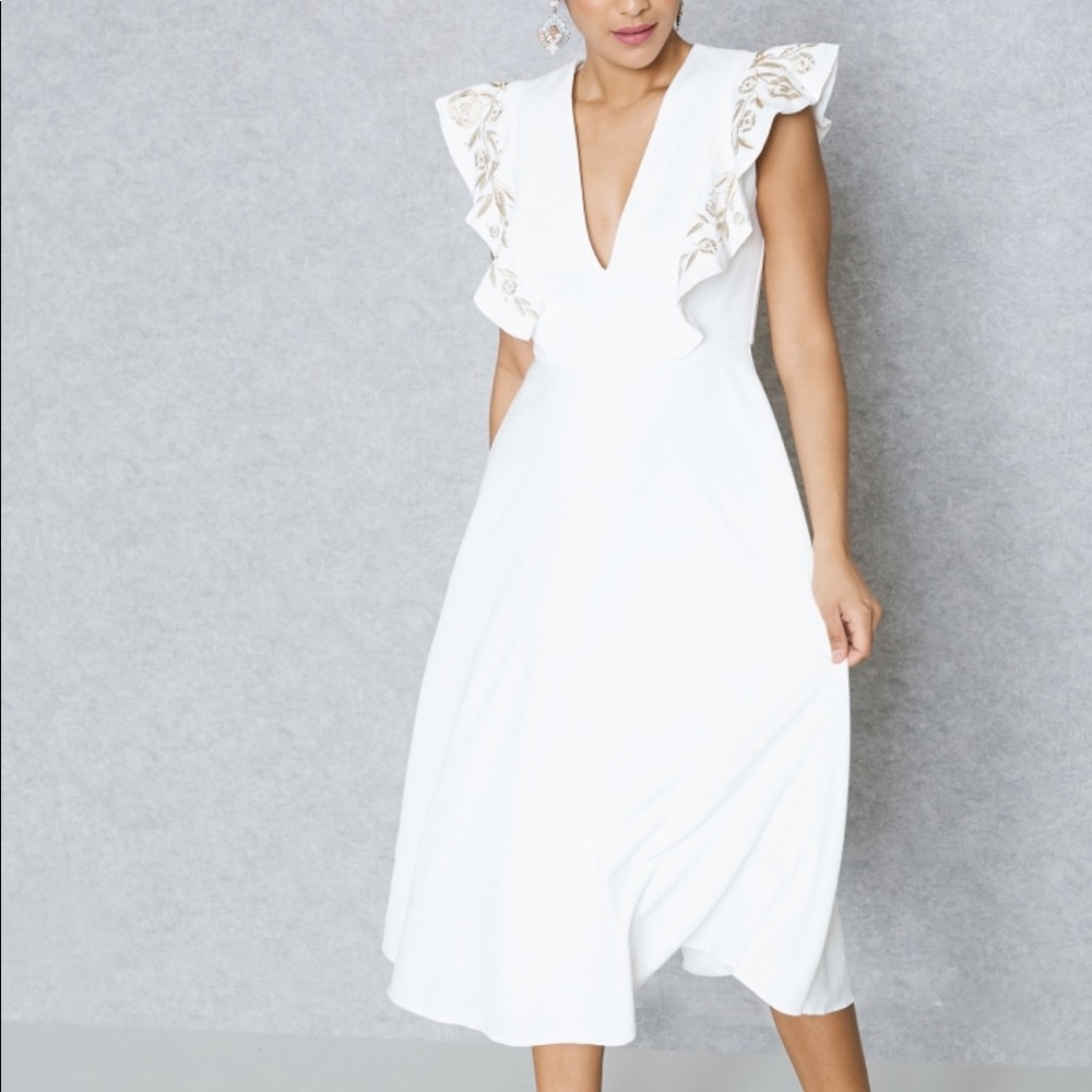 Embroidered Ruffle Shoulder Dress